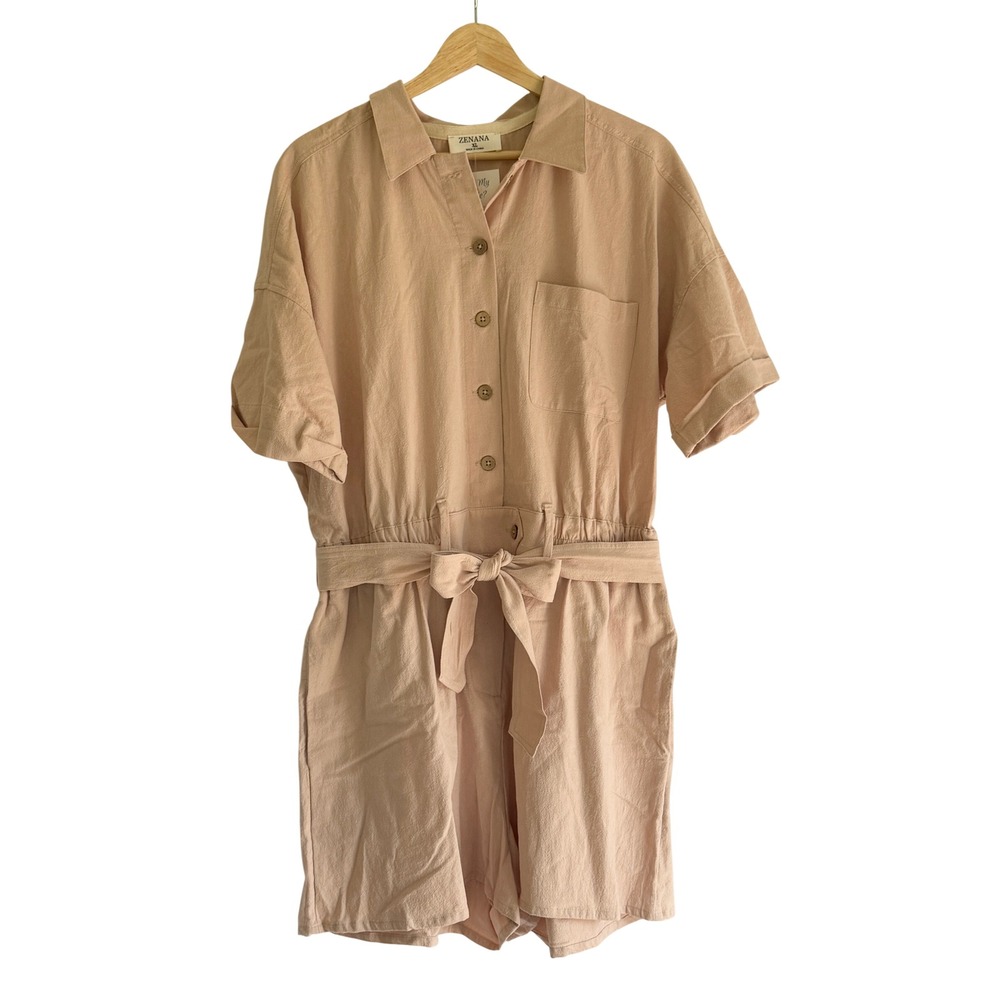 Zenana Women Peach Cotton Button Front Utility Romper Short Sleeve XL QP-1037AB